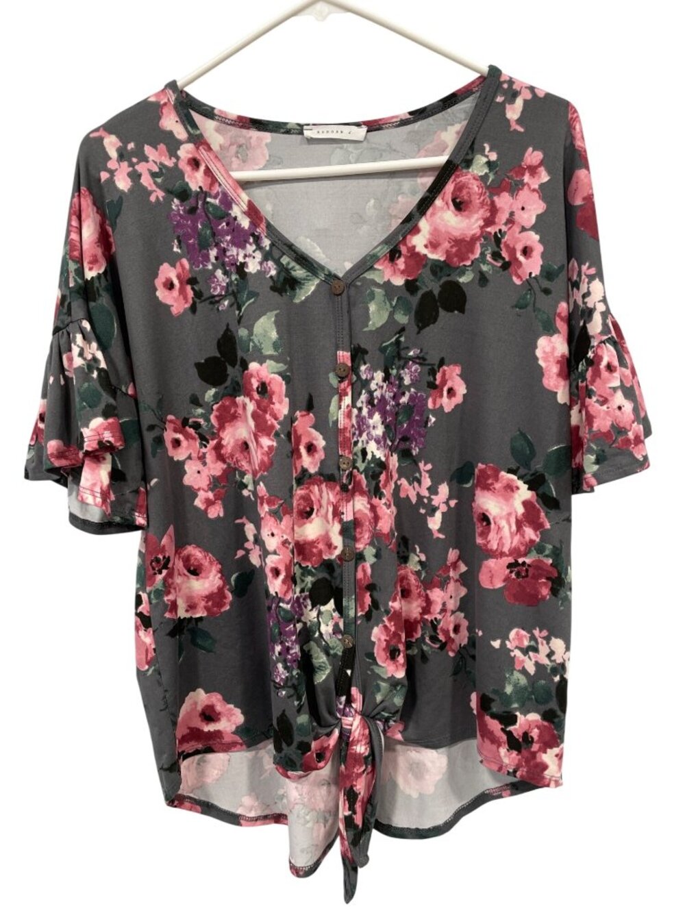 Reborn J Top Blouse Small Floral Button Down Knot Front Ruffle Gray Pink Boho